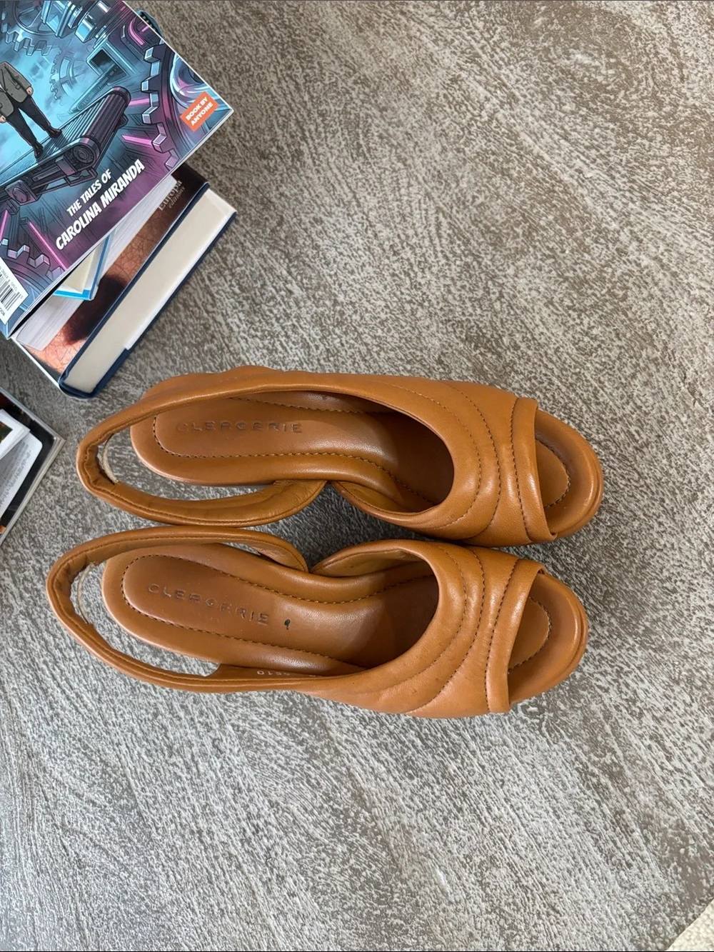 Robert Clergerie Cognac Leather Padded Platform Slingback Sandals